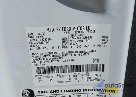 2013 Ford F-150 Xlt из США, поврежденный, VIN 1FTFW1EF7DFC63410